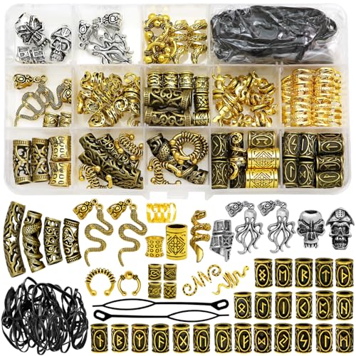 207Pcs Viking Hair Jewelry Nordic Runes Tube Beads,Accessories Kit for Braids Dreadlock Beard Locs,Metal Clips Cuff Rings,Braiding Beard Decoration Bracelets Pendant Necklace DIY Golden and Silvery