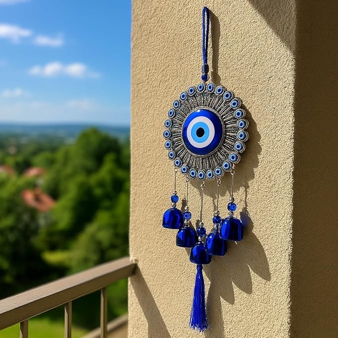 Image of Decorative Wind Chime for Home | Wooden House with Bells Colourful Beads | Positive Energy Balcony Living Room Hall Garden Home Decor (Evil Eye Hanging)
