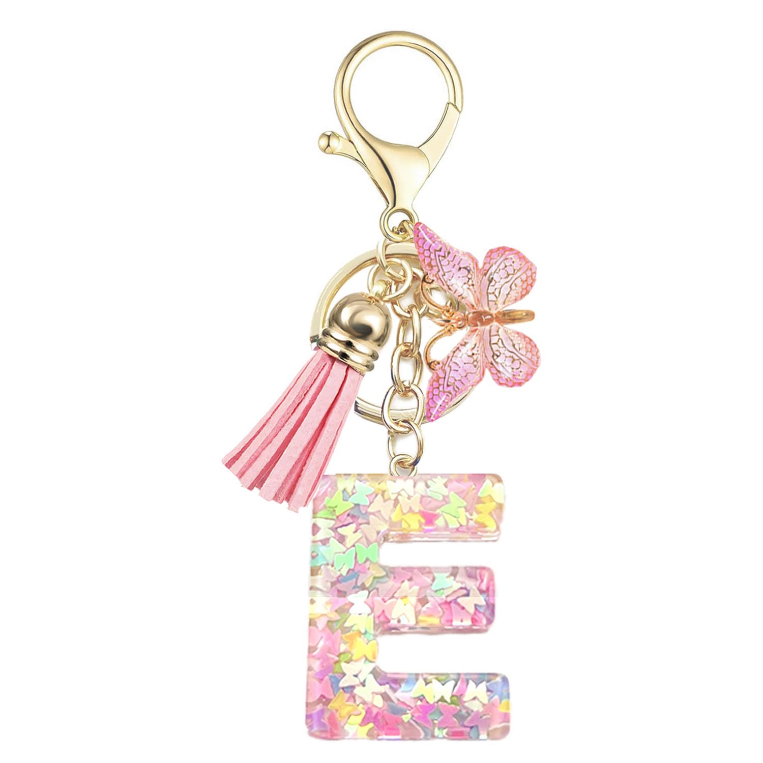 Baofuwan Keychain girl women letter key chain with initial letters butterfly handle pink blue golden for purse handbags school bag