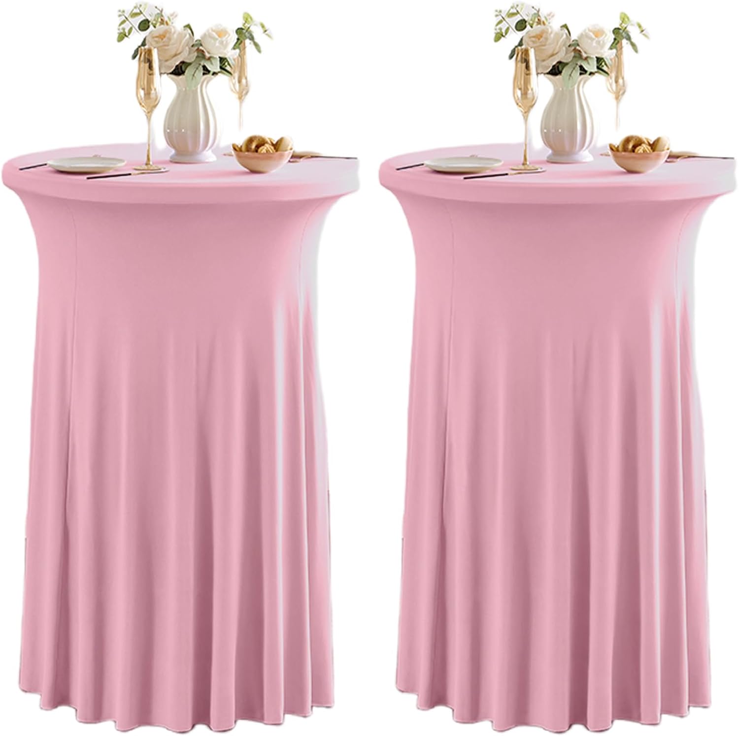 Qubjus 2 Pack Cocktail Tablecloths Stretch Table Skirt - 32x43 inch Bar High Top Stylish and Elegant Cocktail Table Covers for Parties, Weddings, Holidays - Pink