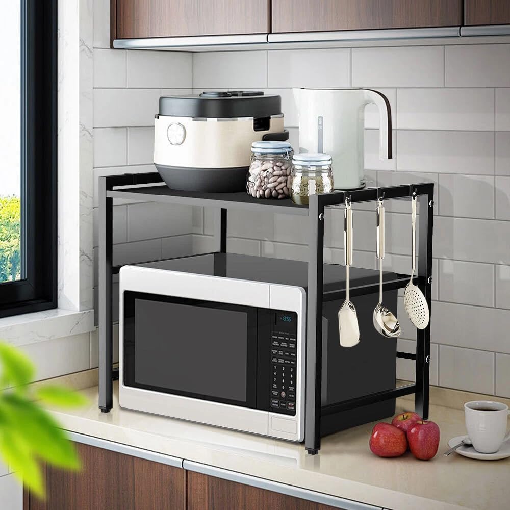 GLJTUO 2-Tier Expandable Microwave Oven Rack - Space-Saving Kitchen for Efficient Microwave rage & Countertop Use - Adjustable Kitchen Shelf for Small Spaces