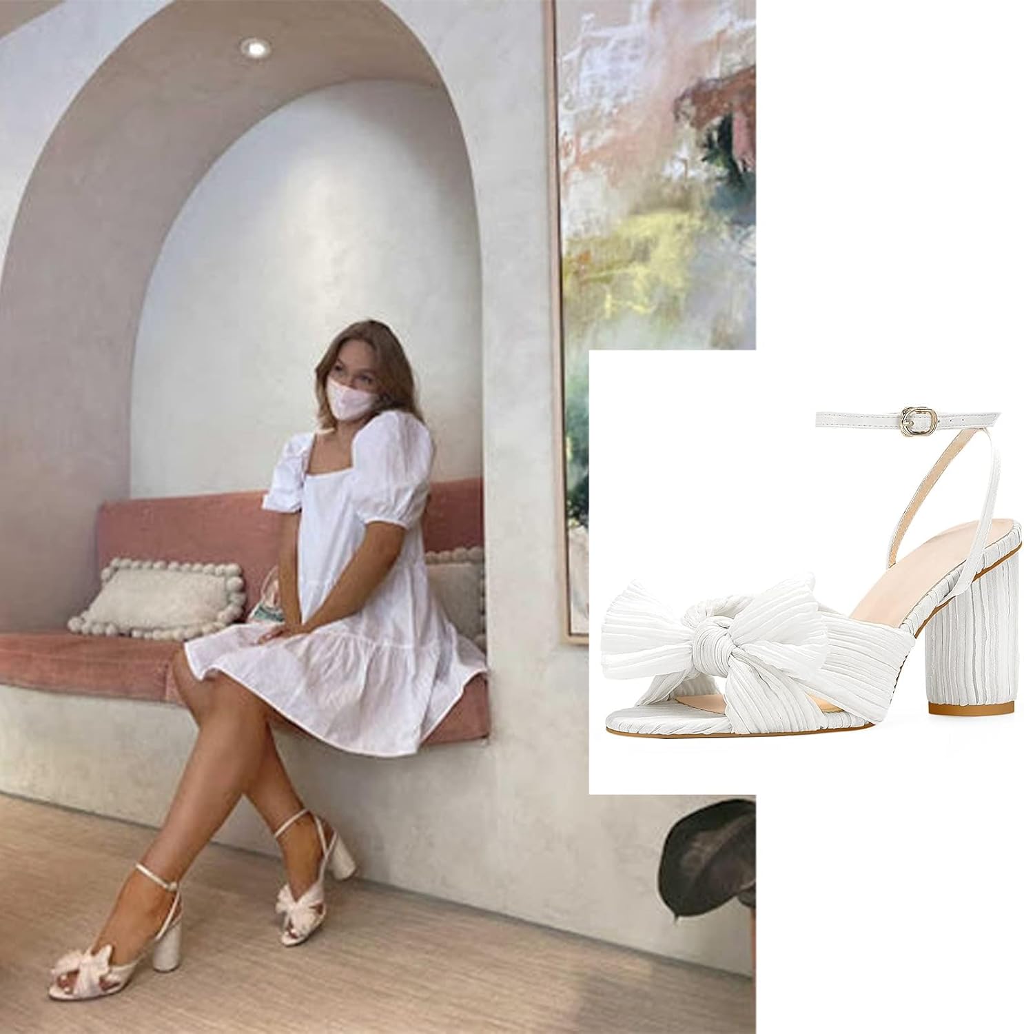 MUCCCUTE Women's Bow Knot Heeled Sandals Ankle Buckle Strap Chunky Heeled Open-toe Comfortable Wedding Party Fashion Heeled - Image 2