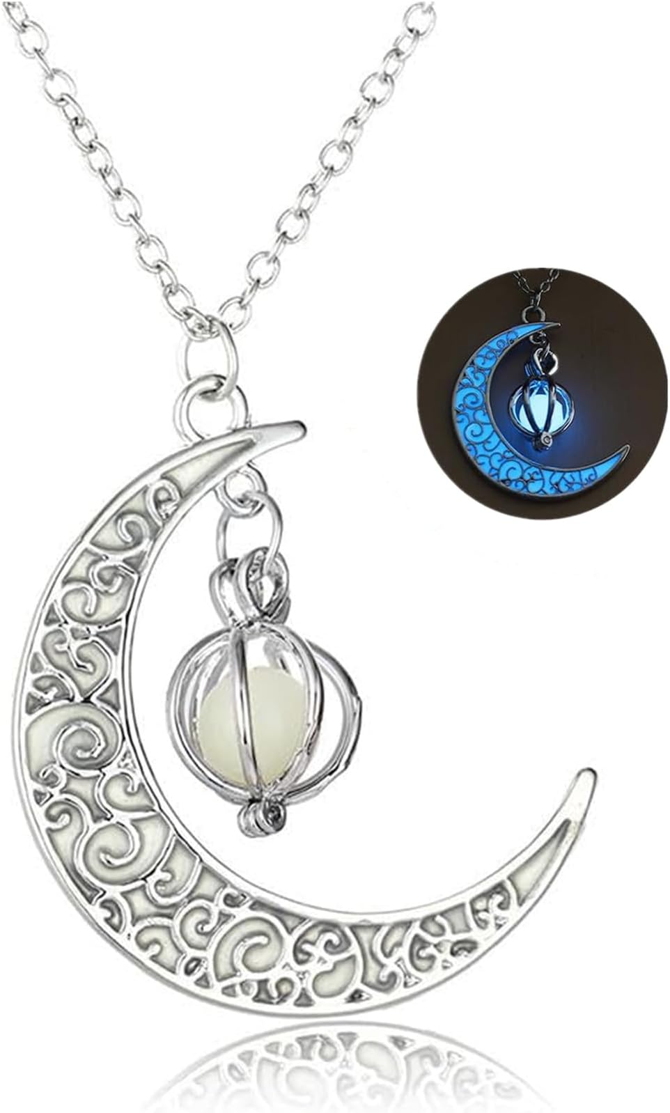 Rckcu Glow in The Dark Silver Crescent Moon and Orb Necklace - Glowing Blue Moon Charm - Magical Fantasy Fairy Glowing Necklace - Glow Jewelry (sky blue)
