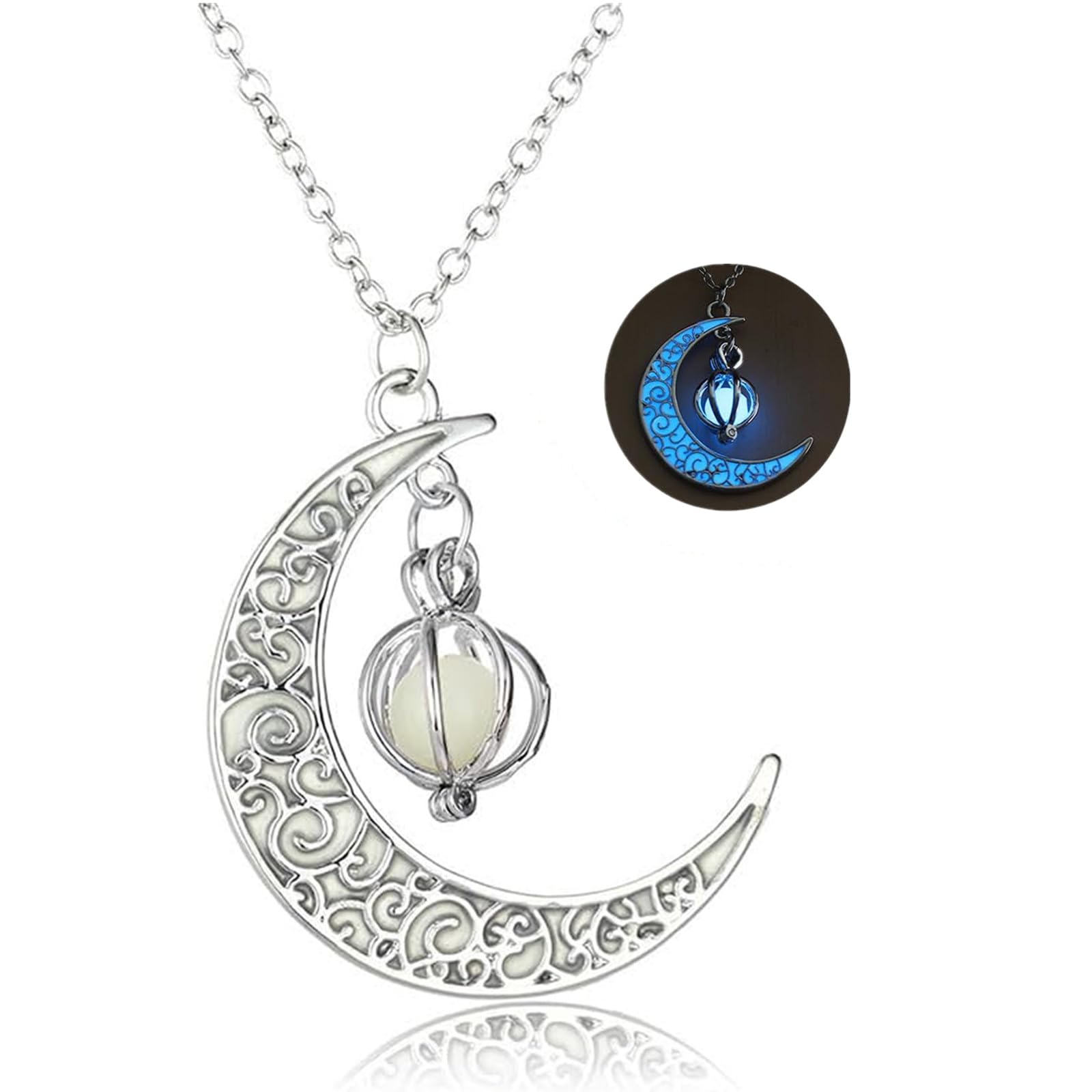 Rckcu Glow in The Dark Silver Crescent Moon and Orb Necklace - Glowing Blue Moon Charm - Magical Fantasy Fairy Glowing Necklace - Glow Jewelry (sky