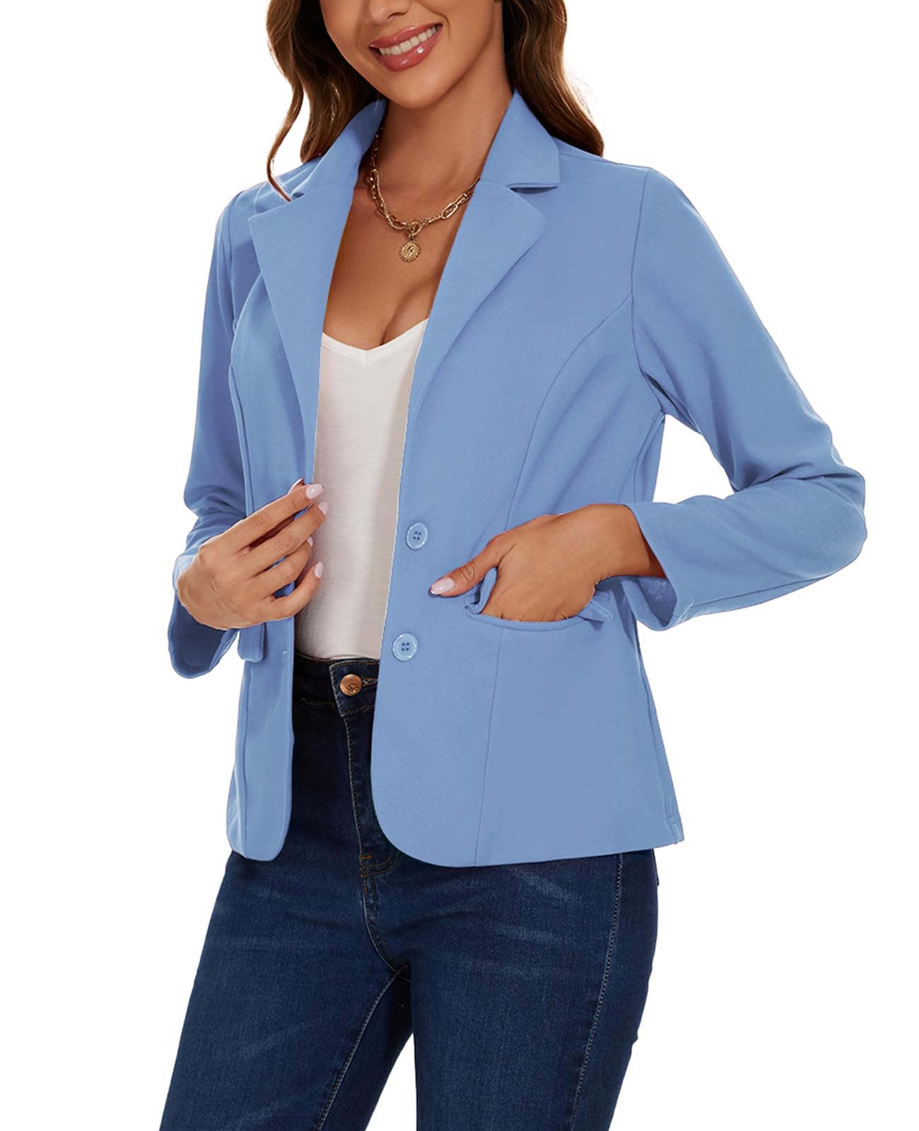 Blazer da donna con 2 bottoni, giacca blazer con risvolto dentellato casual classico a maniche lunghe abbigliamento da lavoro tasche con patta foderato sul davanti