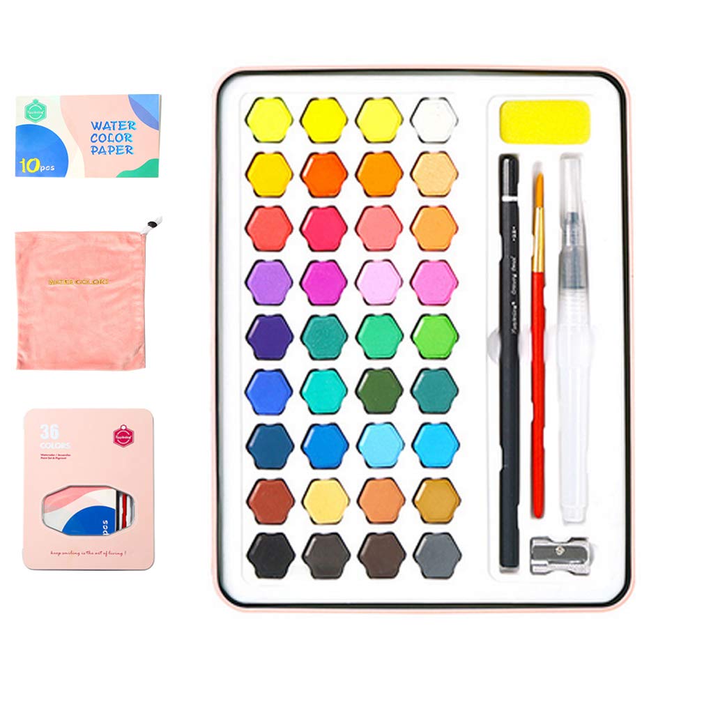 Kids Watercolour Paint Cakes 36 Assorted Colours Non-toxic Pigment Colouring Painting Set With Brush, Paper, Pencil, Eraser, Pouch etc for Art Students Beginners Children Christmas Birthday Gift, Pink