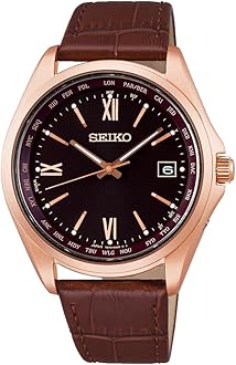 Seiko Selection Men's Wristwatch, Titanium Solar Radio, World Time Function, Pink Gold/Brown/Band: Brown, Leather band (cowhide leather)