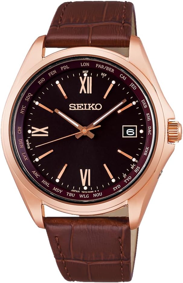 Seiko Selection Men's Wristwatch, Titanium Solar Radio, World Time Function, Pink Gold/Brown/Band: Brown, Leather band (cowhide leather)