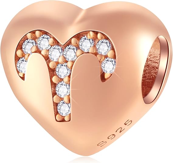 Rose Gold Zodiac Sign with Clear CZ Heart Charms in 925 Sterling Silver, 12 Constellation/Horoscope Beads fits European Birday Bracelet/Necklace, Gifts for Family/Lovers/Friends