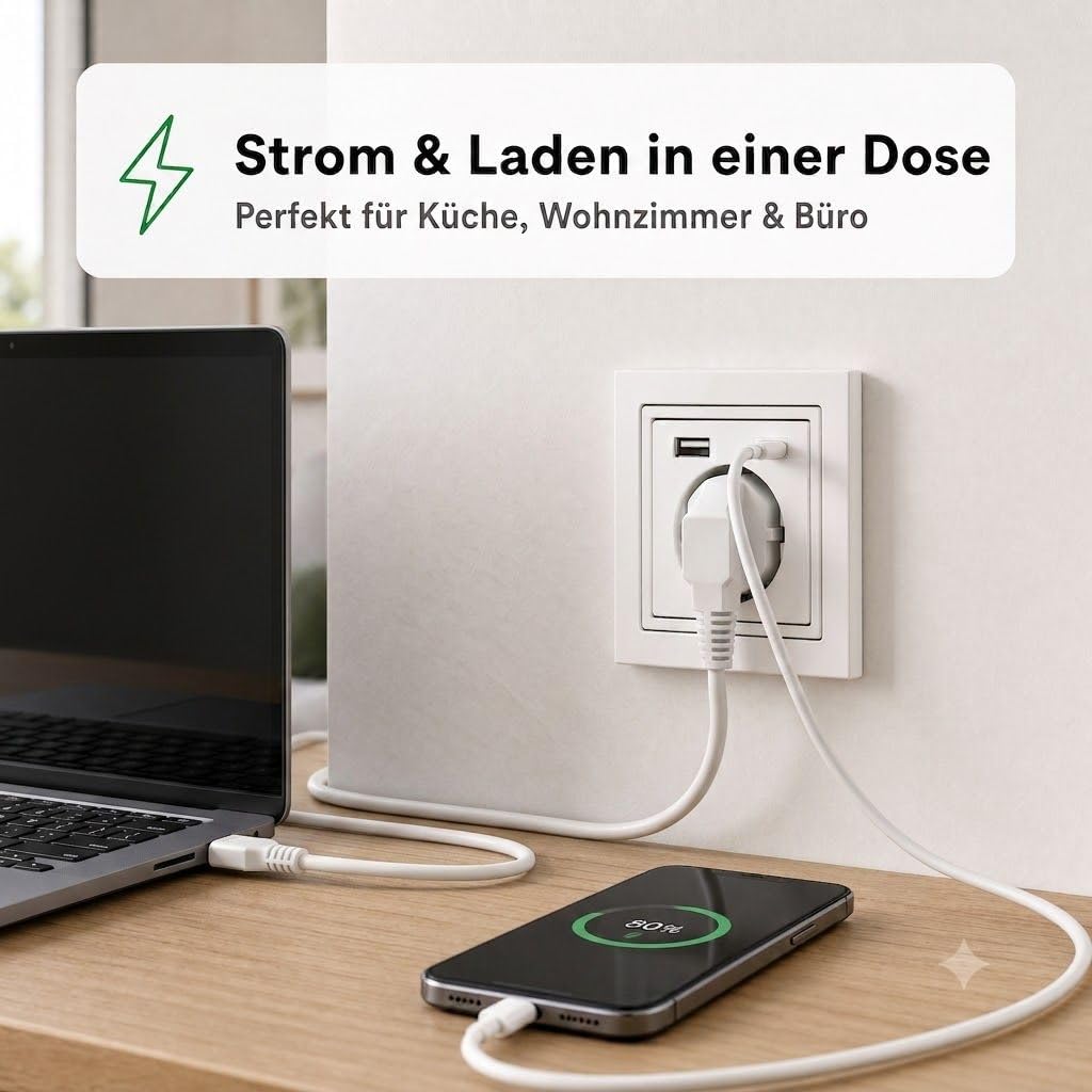 USB-Steckdose chargeMax unter Putz USB-A + USB-C mit Rahmen Ausführung 2USB, Tiefe nur 32mm, Set mit Abdeckung Busch Jaeger Future studioweiß glänzend