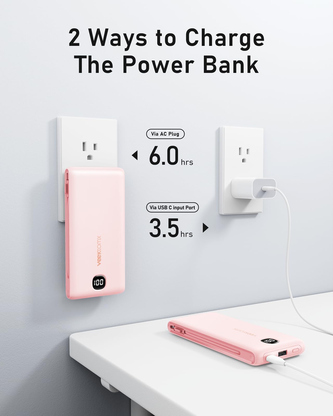 VEEKTOMX 10000mAh Portable Charger with Built-in Cables & Wall Plug view 4
