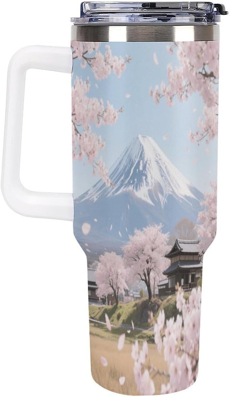 Travel Coffee Mug 40OZ Thermo Cups Thermos Cup Drink Cups Mt. Fuji Cherry Blossoms Thermos with Cup with Handle Lid And Straw Suitable for Gifts Parties Offices Traveling