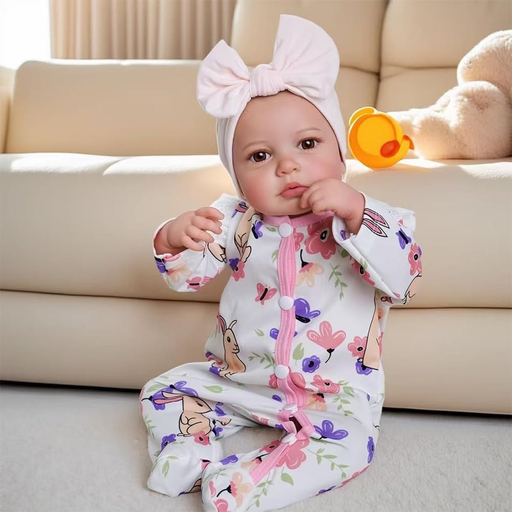 Reborn Baby Puppe, 50 cm, Vinyl, Reborn Puppen Lebensecht, Realistisch, Neugeborenes Baby, Blumenoutfit, ab 3 Jahren