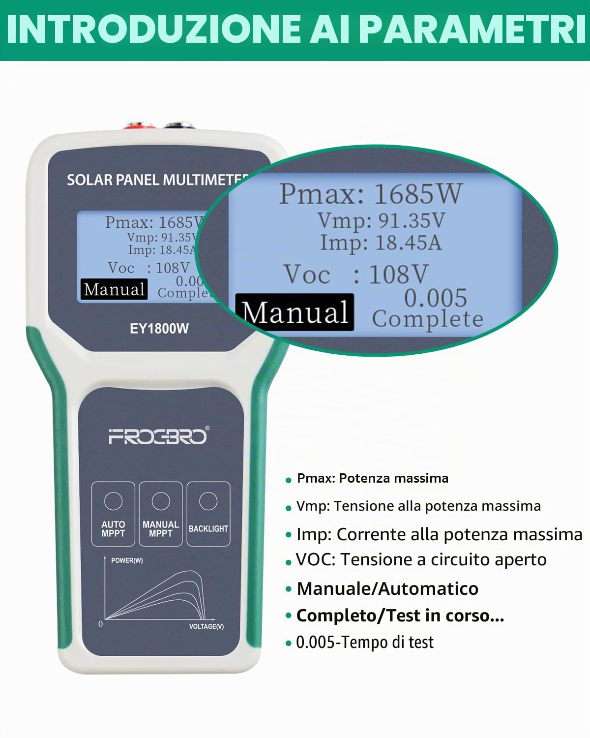 Pannello solare EY-1800 W, multimetro migliorato, con display LCD trasparente, strumento Smart MPPT per test solari