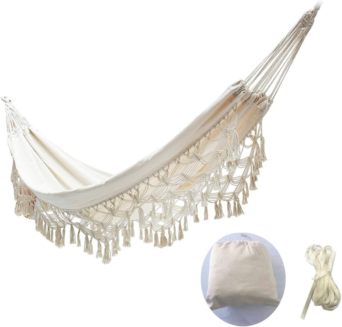 Boho Brazilian Double Hammock Macrame Tree Hammock Swing Net Chair 450lbs Two Person Bed for Indoor, Outdoor, Patio, Porch, Backyard, Garden, Wedding Decor, Beige