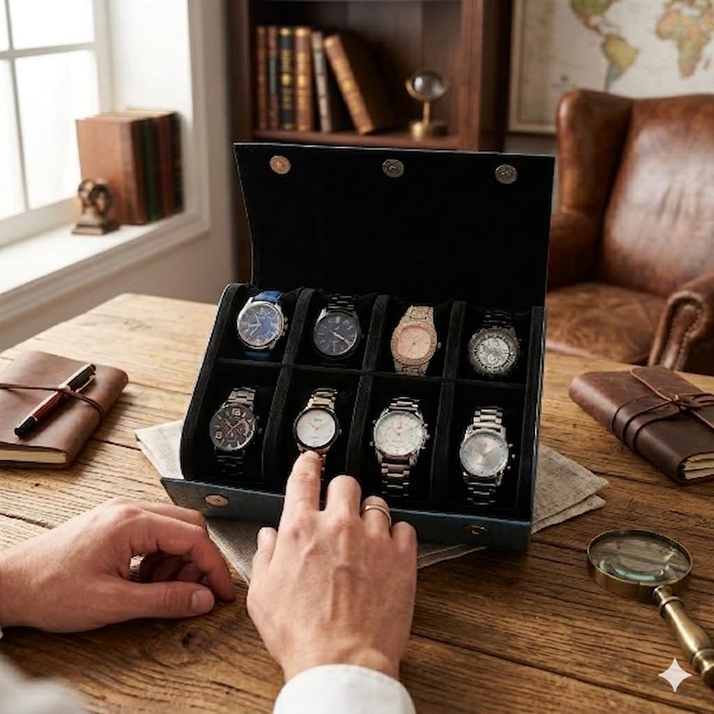 essart Scatola per orologi di alta qualità a 8 scomparti, per uomini e donne, in pelle PU, organizer rotondo per orologi da viaggio, con serratura e cuscino WR-1018-Croco-verde