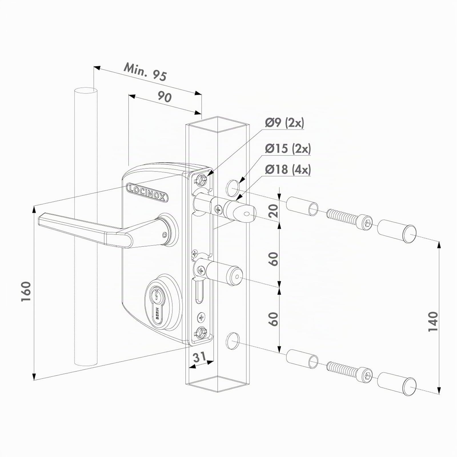 Locinox Serrure Sécurité LAKQ3030 U2, Argent pour 30 À 50mm Rahmenprofile - Gartentorschloss, Flügeltorschloss, Château de Boîte Avec Cylindre Pour Dévisser, Gartentürschloss