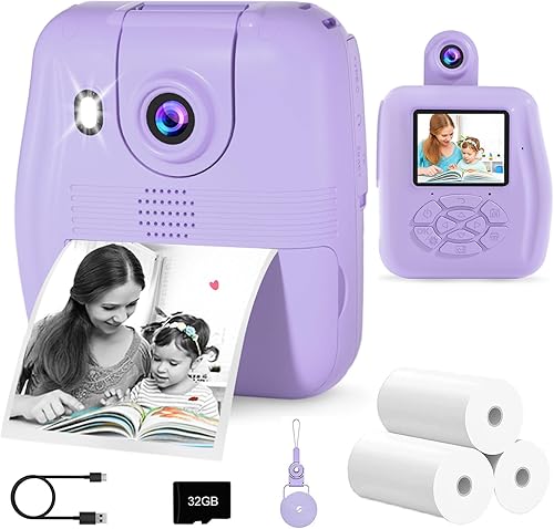 Miniatura 10 de GKTZ Cámara de impresión instantánea para niños, cámara HD 1080P con selfie, tarjeta SD de 32 GB, juguete de viaje portátil, regalo perfecto de Rosa
