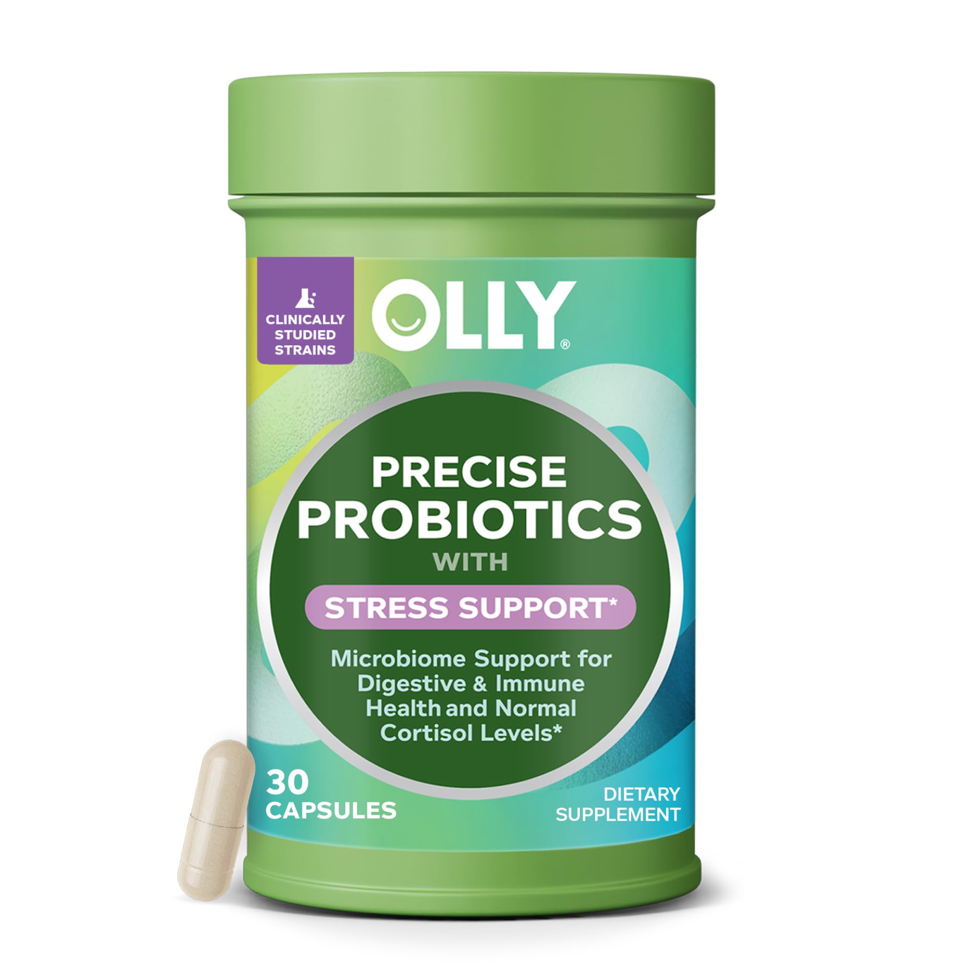 OLLY Precise Probiotics Stress Support Supplement, Supports Microbiome, Digestive & Immune Systems and Cortisol Levels,* Clinically Studied Strains, 30 Count