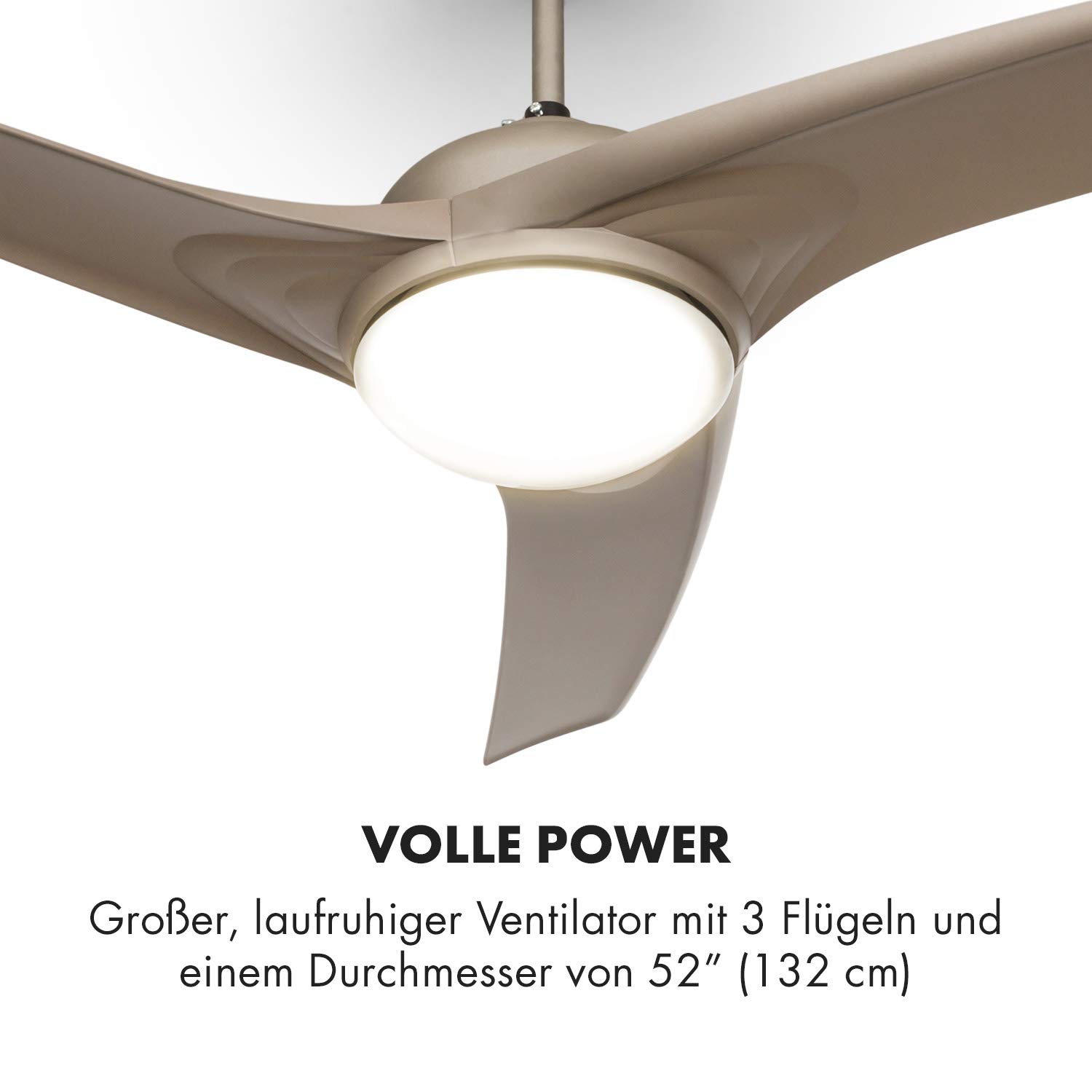 Klarstein Figo Deckenventilator - 2-in-1: Ventilator & Deckenlampe (2 x 42 W), Durchmesser: 52" (132 cm), 3 Flügel, Luftdurchsatz: 10.039 m³/h, 2 Laufrichtungen, 3 Geschwindigkeitsstufen, Titan-Optik