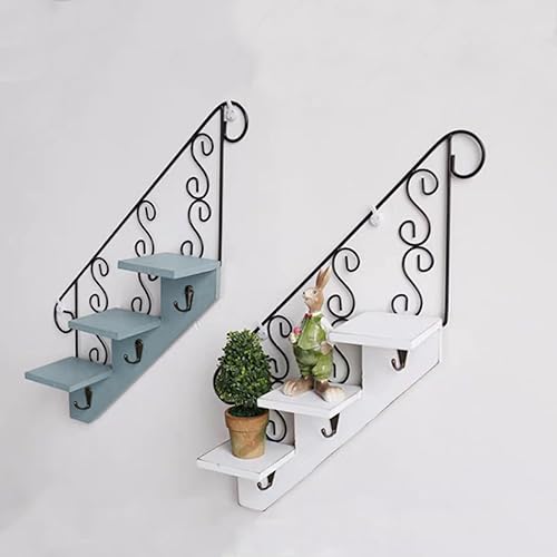 Miniatura 5 de Estantes flotantes decorativos montados en la pared de 3 niveles, estantes de pared de madera en forma de escalera, estante colgante de metal para