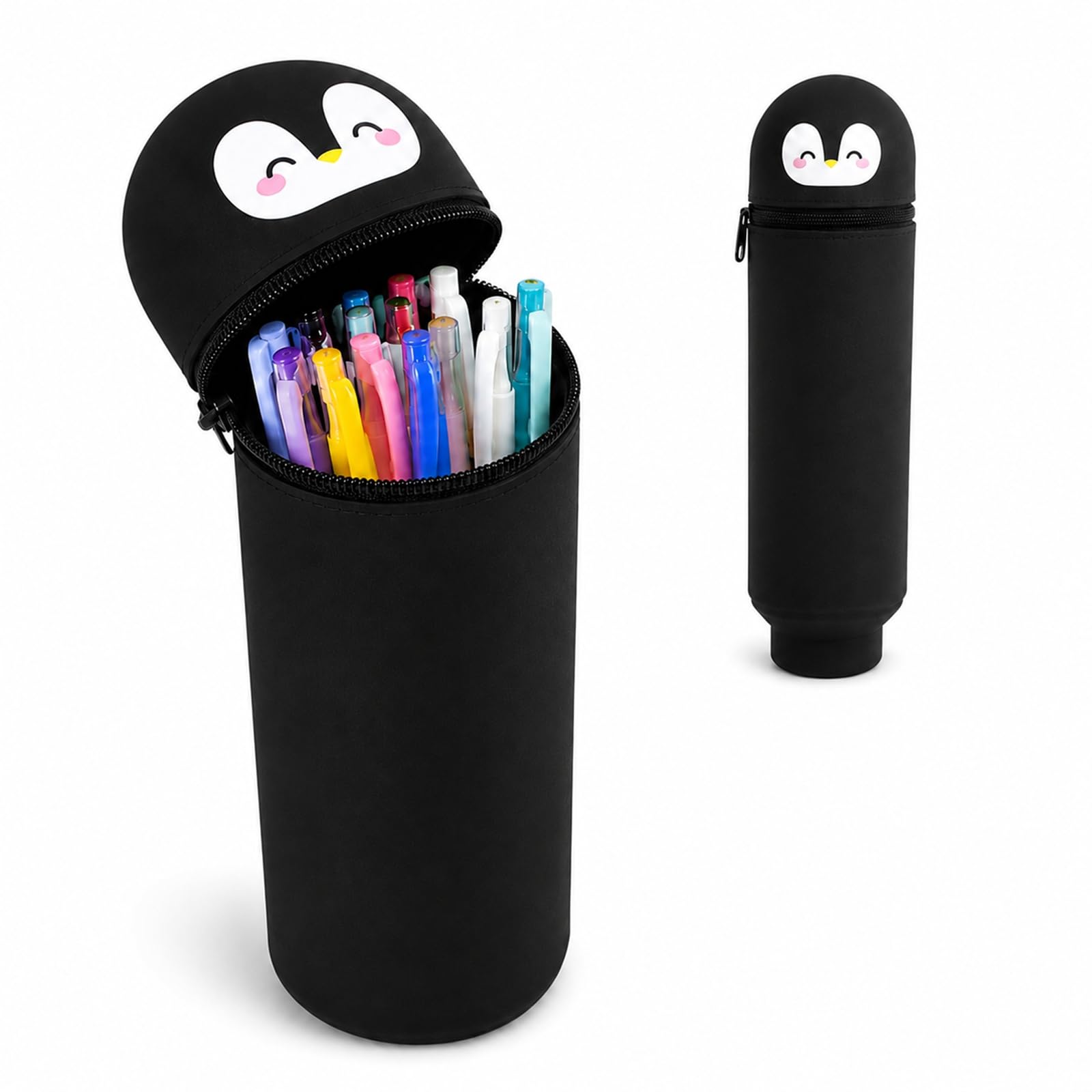 WHJYCC Black Penguin Kawaii Silicone Pencil Case, 2-in-1 Desk Pen Holder