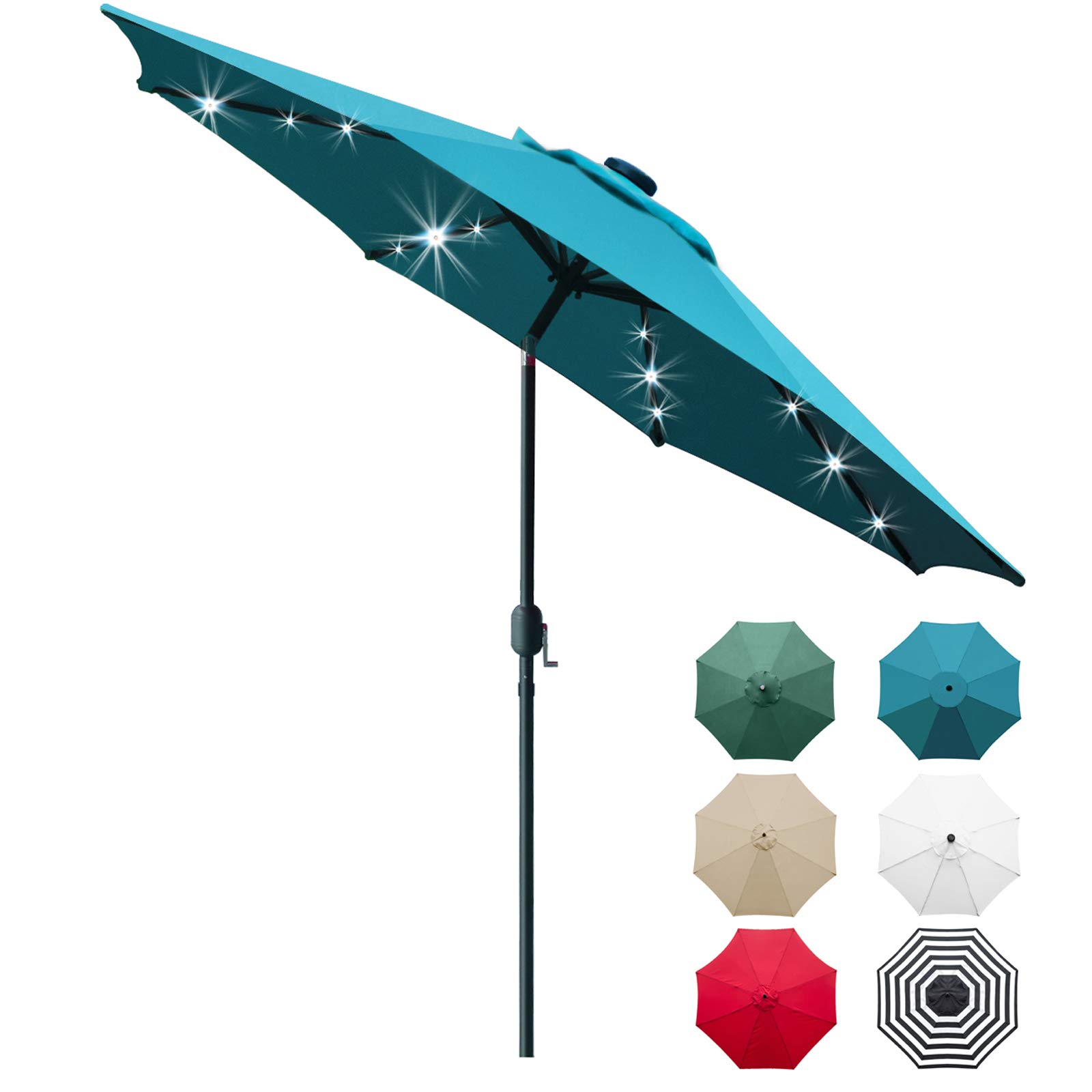 Sunnyglade9' Solar LED Lighted Umbrella with 8 Ribs Adjustment and Crank Lift System for Patio - Black and White