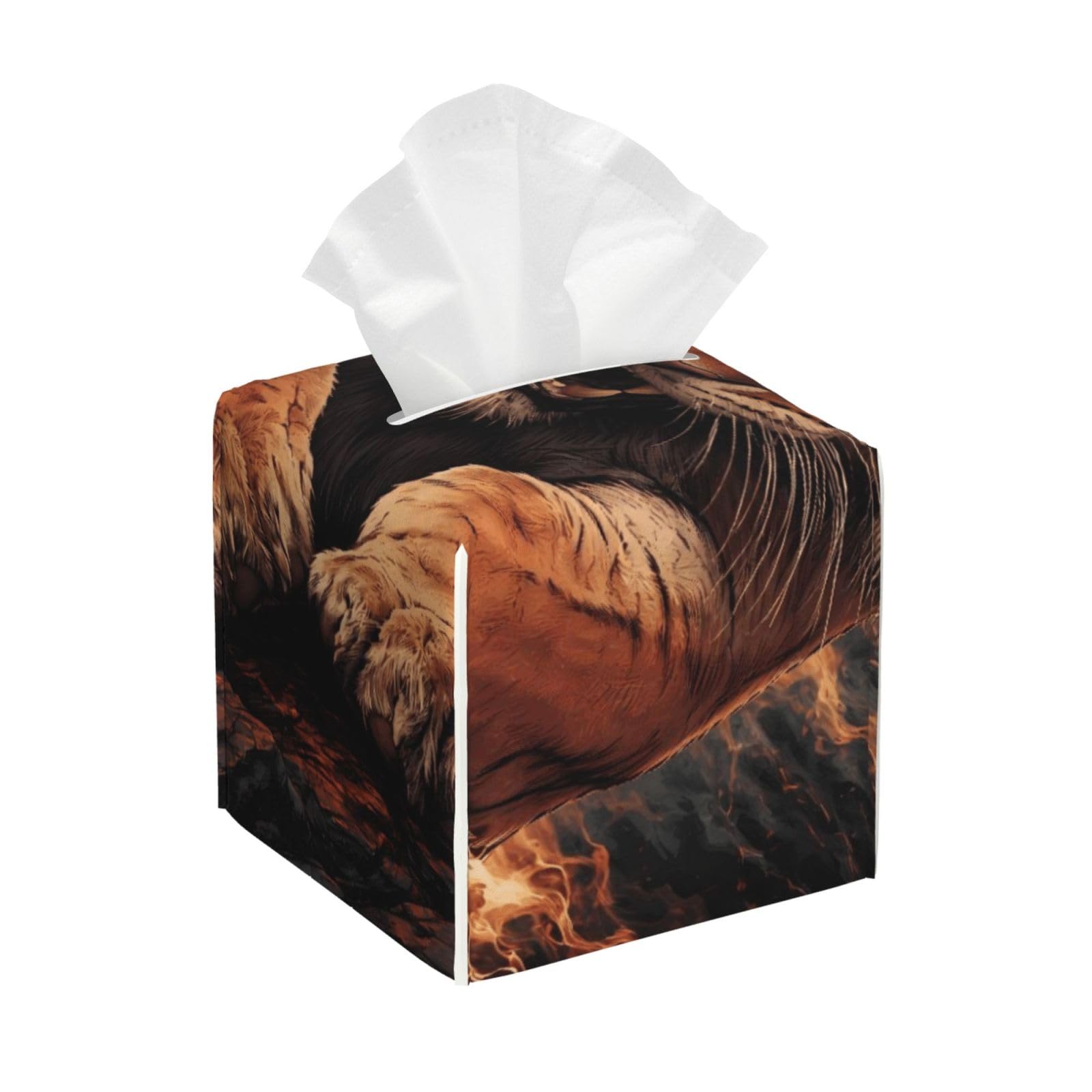 Animal King Cool Tiger Art Leather Tissue Box Cover Holder Square Facial Paper Organizer 5.2" X 5.2" X 5.2"