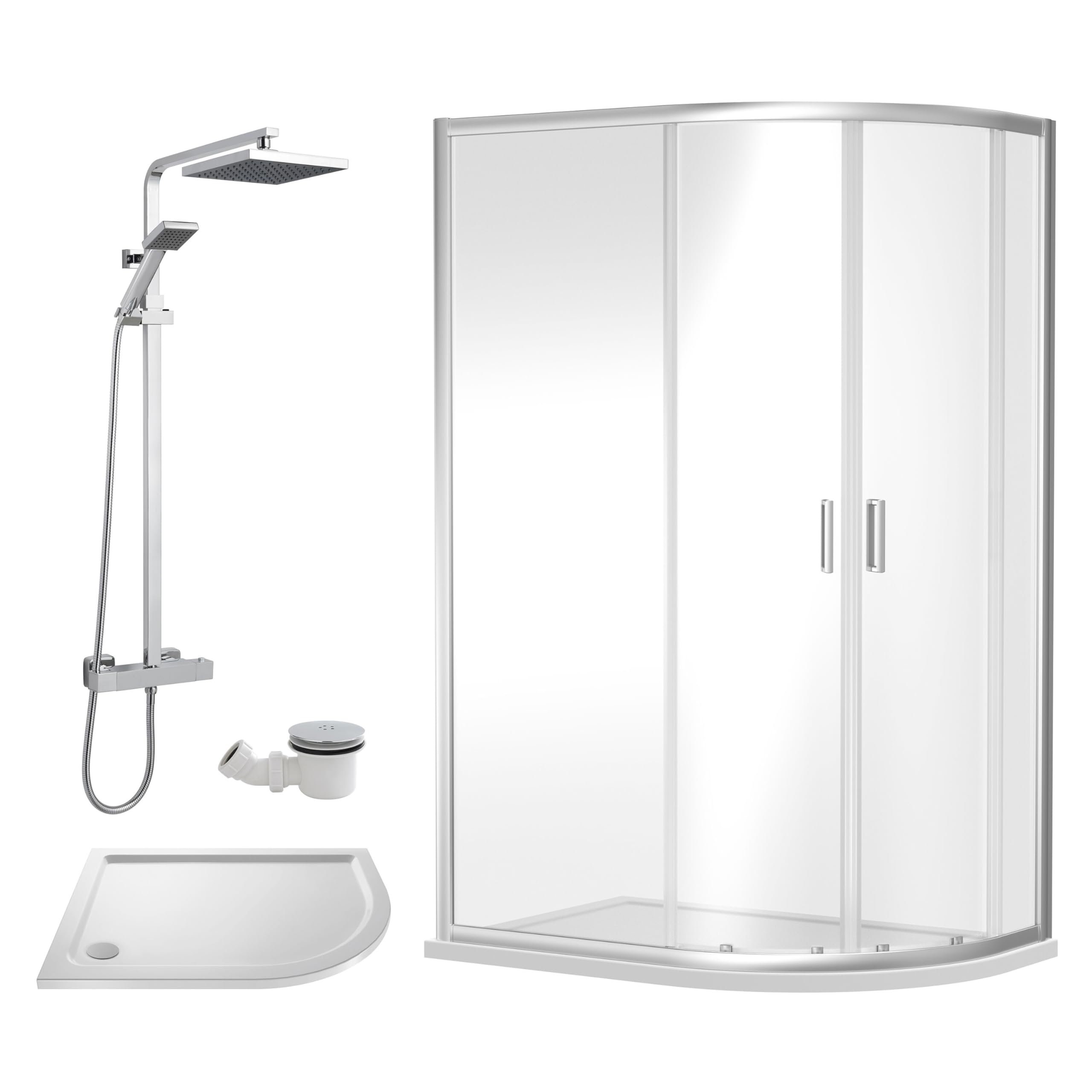 Balterley Silver Offset Quadrant Shower Enclosure, Offset Quadrant Tray, Waste & Thermostatic Shower Kit, 6Mm Toughened Safety Glass Door, Bar Handle Sliding Glass Door, Square Showerhead & Handset (Chrome)