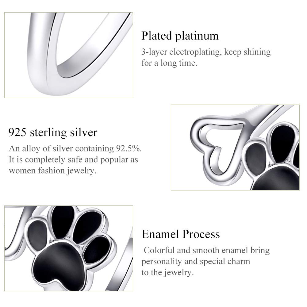 Qings Gato Perro Huella Anillo Ajustables Plata de Ley 925 Anillos Negra Mascota Pata Corazón Anillo Animal Abiertos Navidado Joyería Moda Regalos para Niñas Mujer