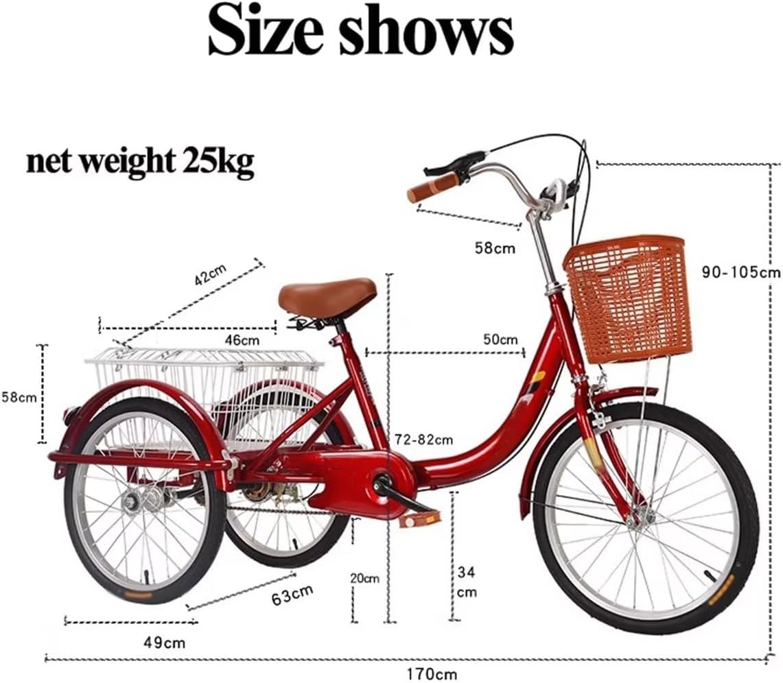 Rickshaw Pedal Tricycle with Large Vegetable Baskets,Cargo Scooter trikes,Rear Steel Basket,Leisure Shopping cart Cruiser Bikes with Sensitive Brake,Saddle/Handlebar Height Adjustable (Redd 20inch)