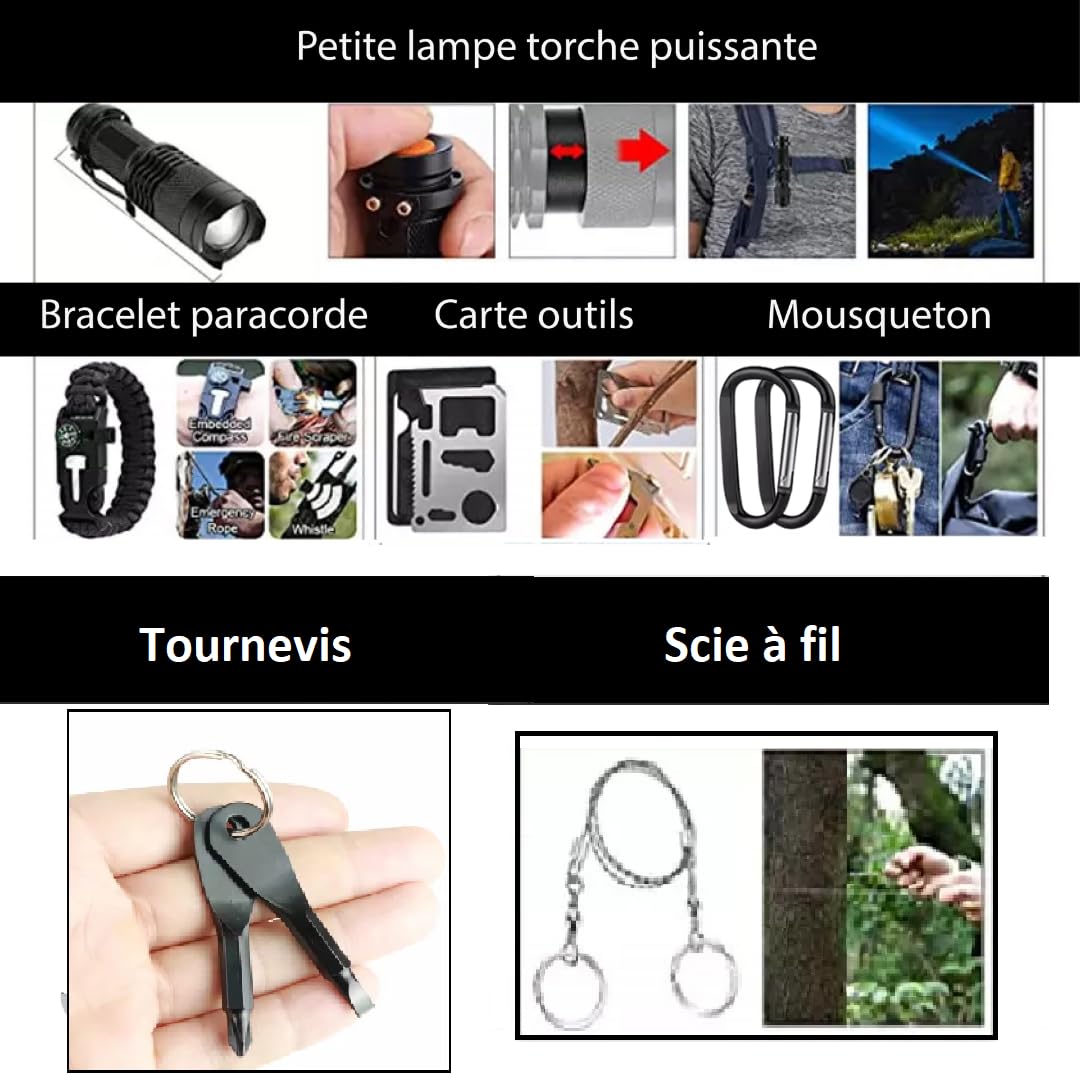 Kit de Survie -Sac de Survie - Pince Multifonction - Paracorde Boussole - Couteau Pliant Multifonction - Allume Feu - Lampe Torche