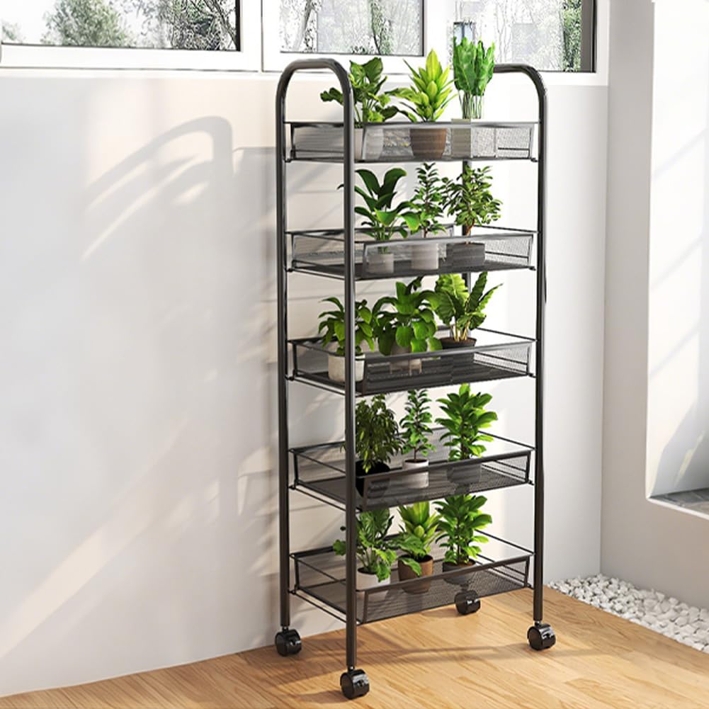 Carro de Almacenaje Rodante 5 Niveles para Despensa, Estructura de Acero con Cesta de Malla Apilables y Ganchos - Estantería Portátil con Ruedas para Cocina, Oficina,Negro