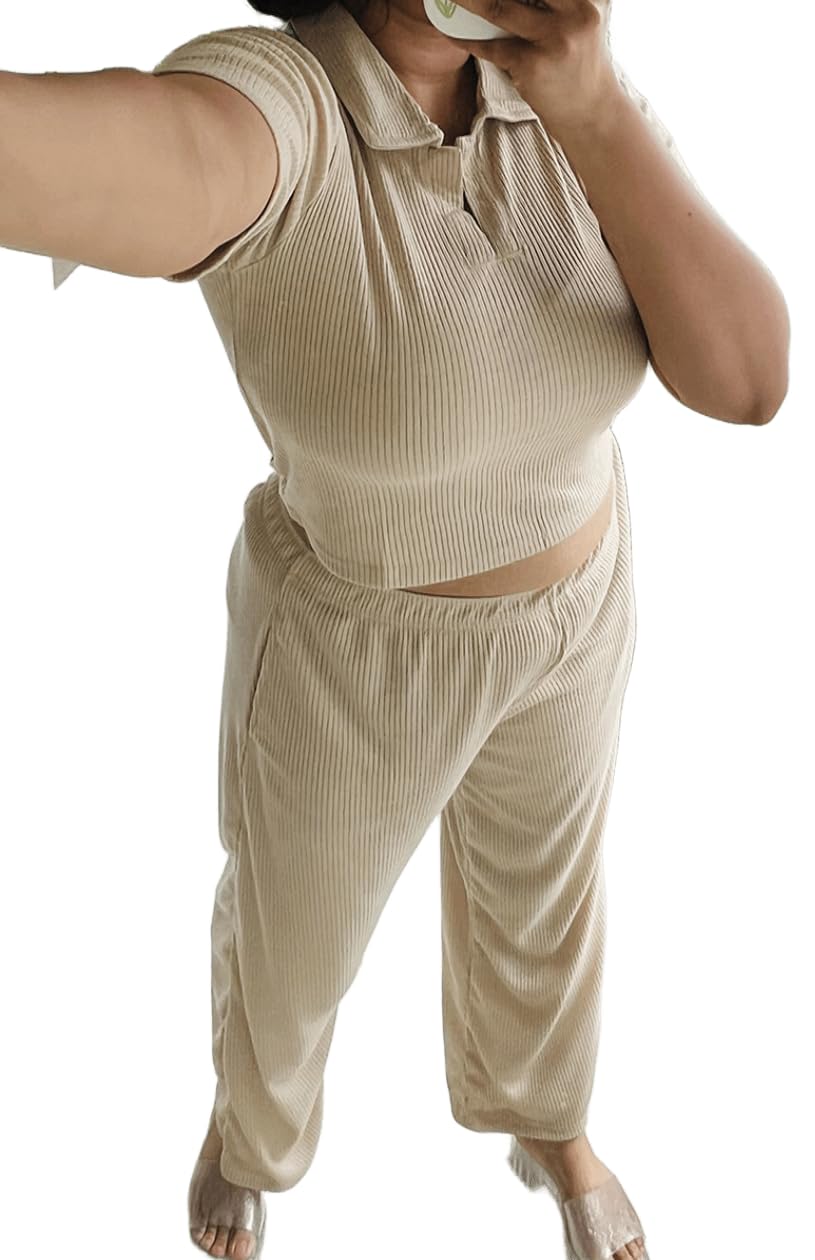 Women's Ribbed Crop Top and Wide Leg Pants Set, Beige, Casual Loungewear-image-10