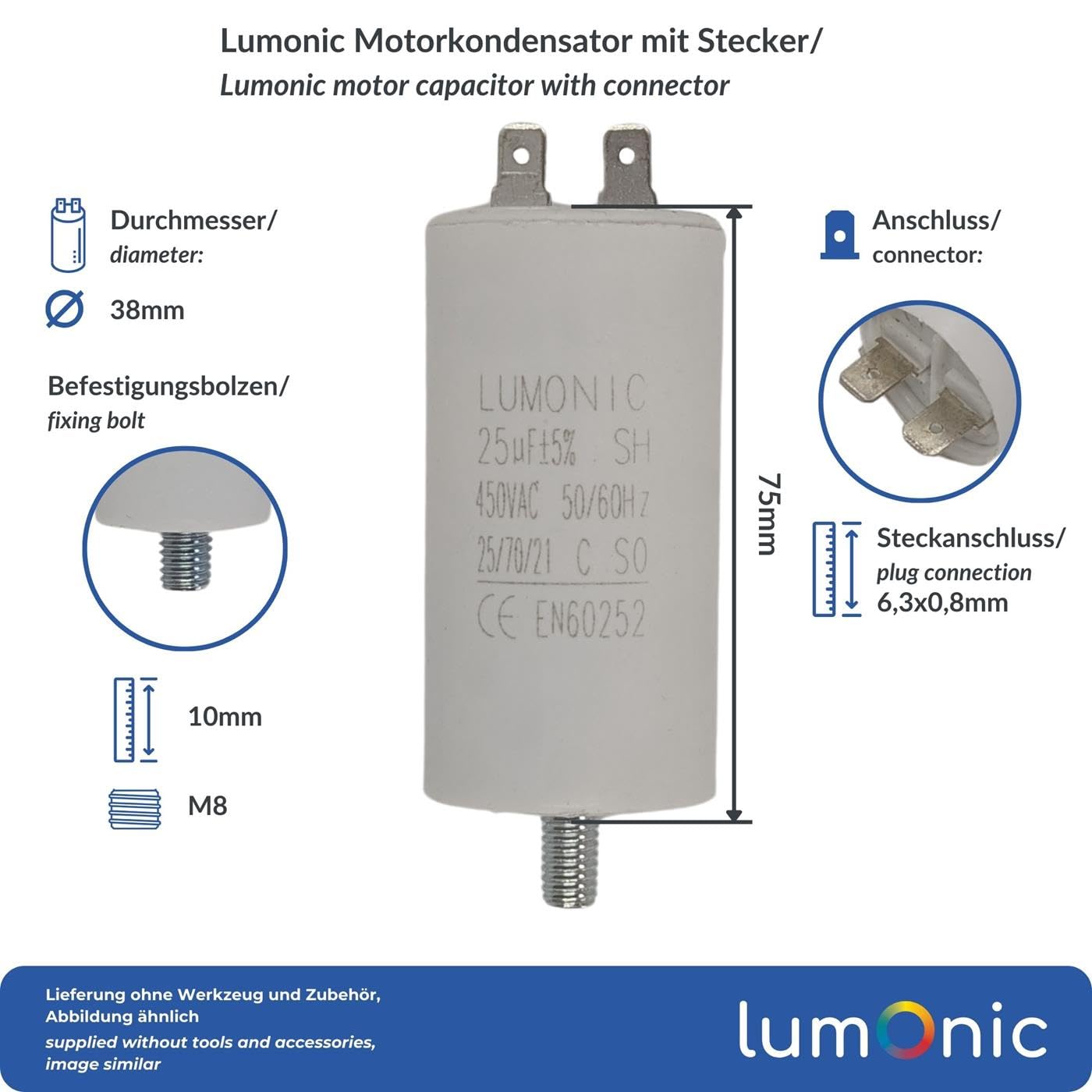 Lumonic Condensatore di avviamento 25µF 450V | con Spina I 38x75mm I 25uF I Condensatore motore con custodia in plastica I Condensatore di esercizio I per pompe, tosaerba, utensili
