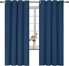 YSTELLAA 100% Blackout Curtain, Set of 2, 140 x 175 cm, Linen Effect, Thermal Insulating Curtain, Anti Cold and Heat, Noise Proof, with Eyelet, for Living Room and Bedroom, Blue