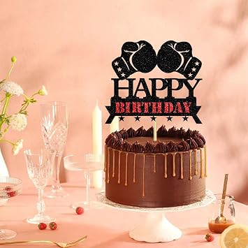 Boxing Happy Birthday Cake Topper,Black Glitter Boxing Glove Cake Topper,Boys/Men Sports Wrestle Themed Dinner Party Cake Decorations/Birthday Party Decorations Supplies (black-2)