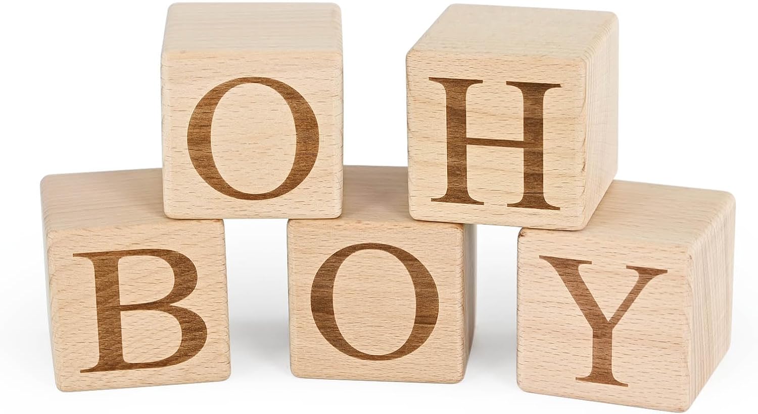 “OH BOY” Wooden Letter Blocks — Small 2″ Cubes (5 cm, Set of 5) — Table Décor & Photo Props for Baby Shower/Gender Reveal — Not a Large Sign