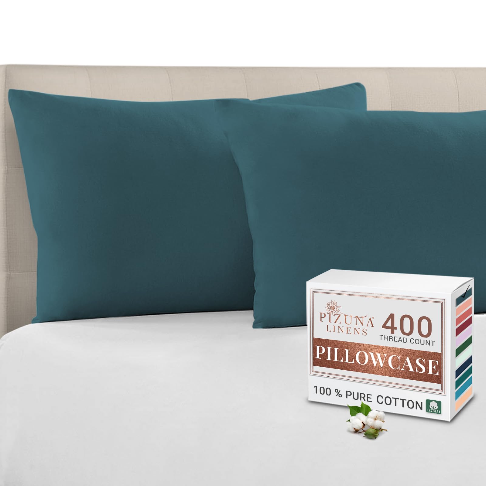 Pizuna Peacock Blue 100% Cotton Housewife Pillowcases 2 Pack 48X74cm, 400 Thread Count Long Staple Combed Cotton Pillow Cover, Sateen Weave Standard Housewife Pillowcase (Cotton Pillowcase Pack Of 2)