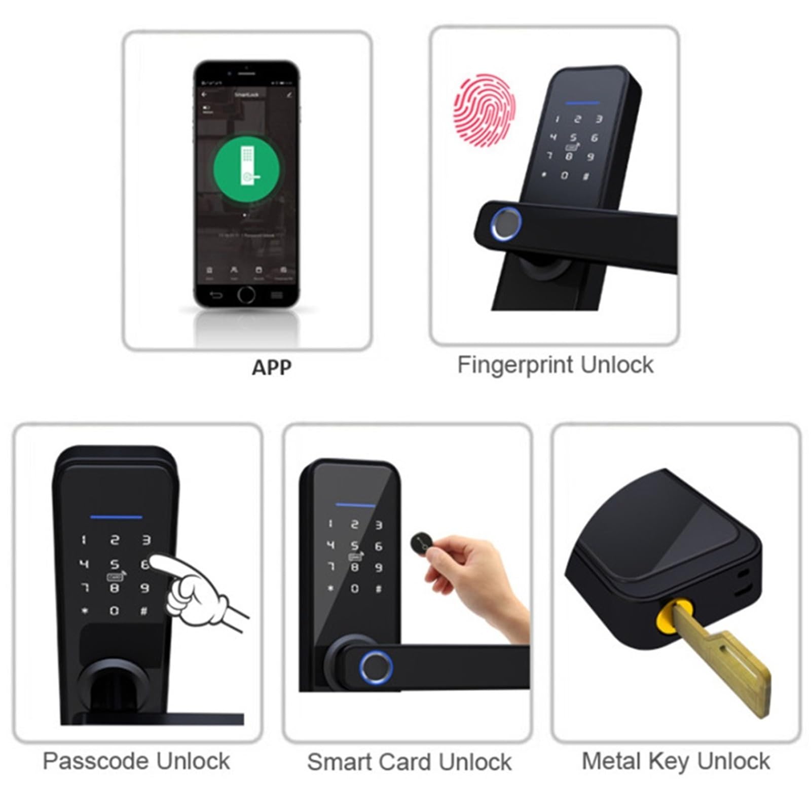 Biometryczny zamek do drzwi z czytnikiem linii papilarnych Czarny inteligentny App Zdalne odblokowanie bezkluczykowe Biuro Handlowe(Black 22x235(5572))