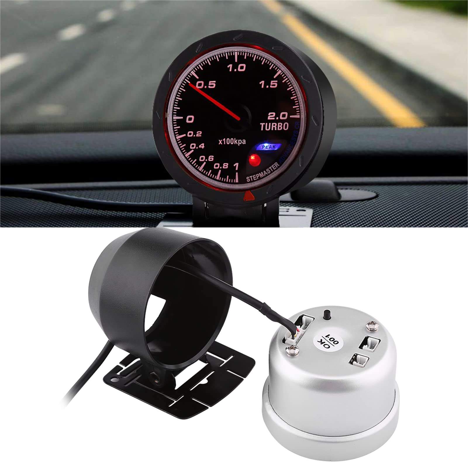 DC 12V 60mm LED Turbo Boost Vacuum Press Gauge Meter Calotta in acciaio inossidabile e piano in vetro