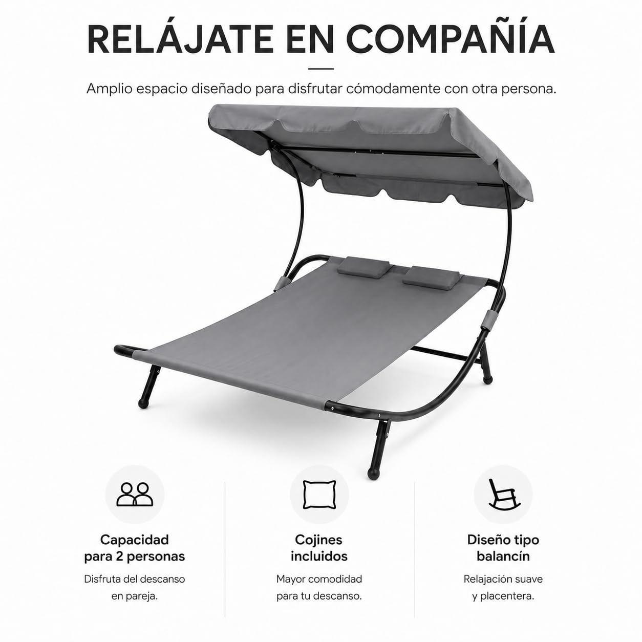 Cama Balinesa Doble Exterior con Toldo Ajustable y Cojines, Tumbona de Jardín para 2 Personas, Estructura de Acero para Terraza, Piscina y Patio
