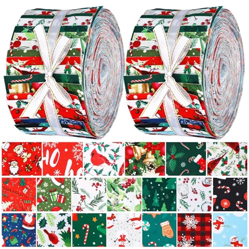 Hosuly 40 Pcs Christmas Fabric Jelly Fabric Quilting Patchwork Roll Red and Green Quilting Strips 2.55 Inch Precut Santa Claus Tree Snowman Cardinal Patchwork Roll for Xmas Winter Sewing DIY Craft