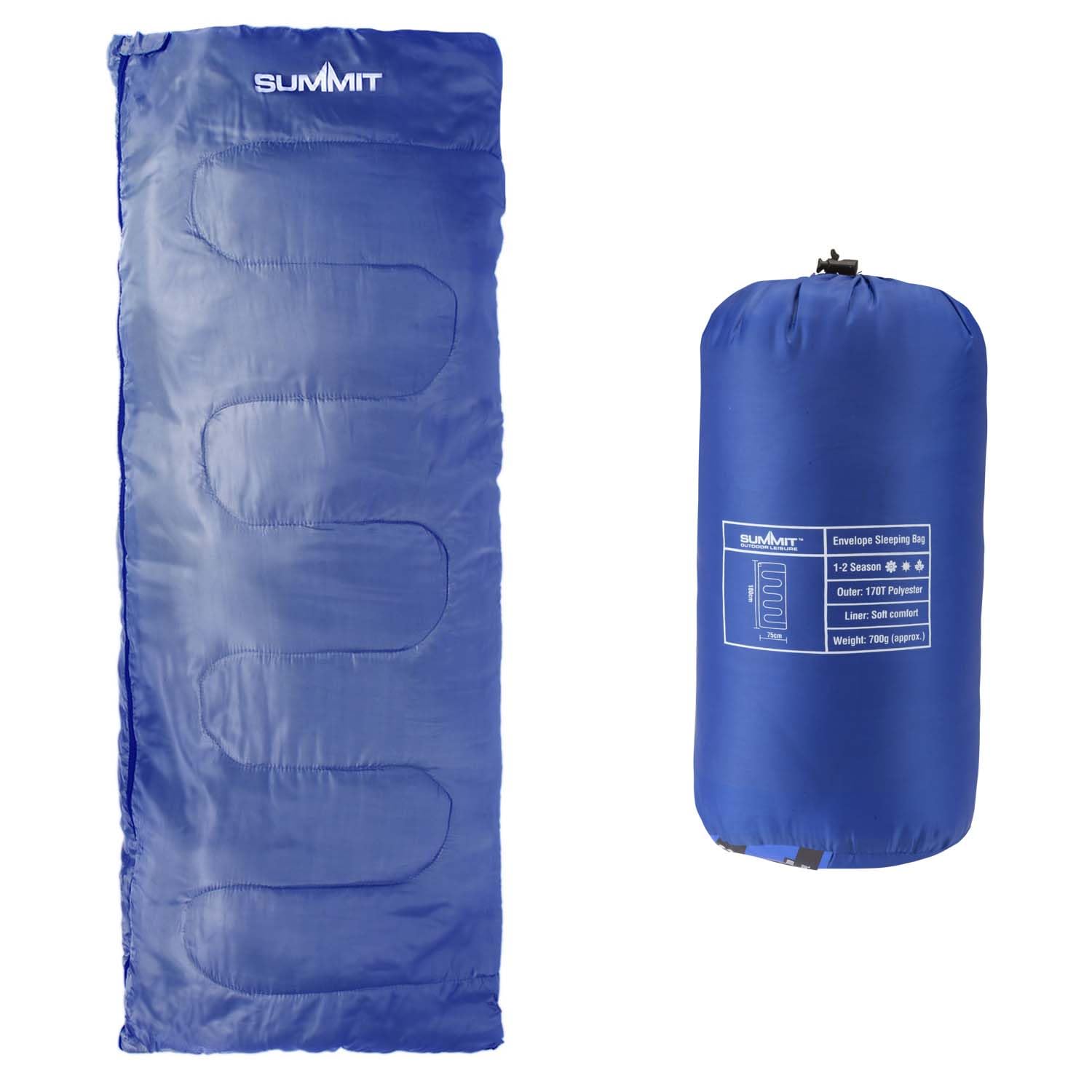VFM e-Store - Envelope Sleeping Bag Single Stylish, Warm, Easy To Pack Camp Bag Outdoors Camping Hiking Holidays Festivals Travel - Blue Envelope