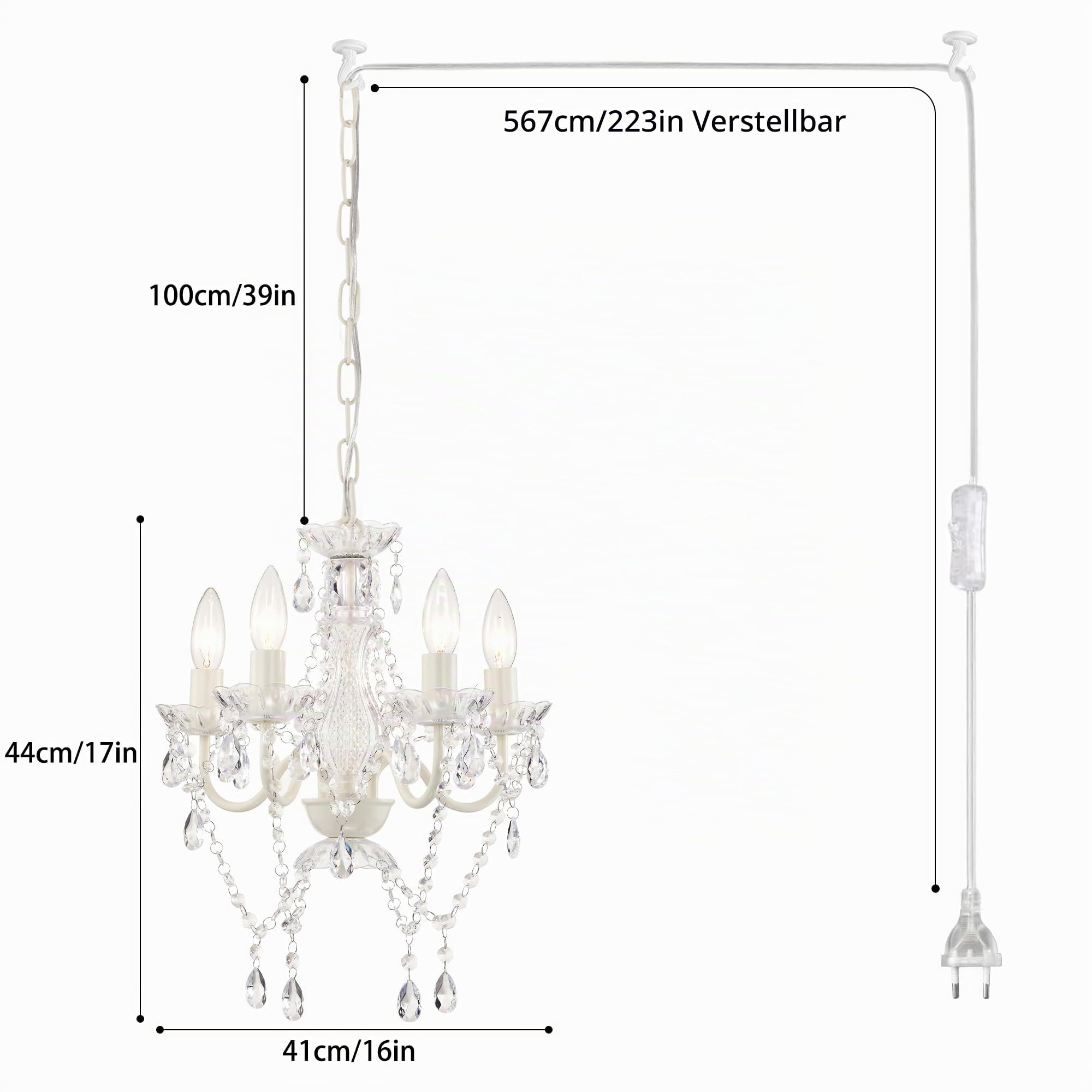Alighting Kronleuchter Weiß mit Stecker 4-flammig | Kleiner Acryl Kronleuchter mit Kristalloptik Ø41cm, Pendelleuchte für Kleine Räume, Schlafzimmer, Flur, E14