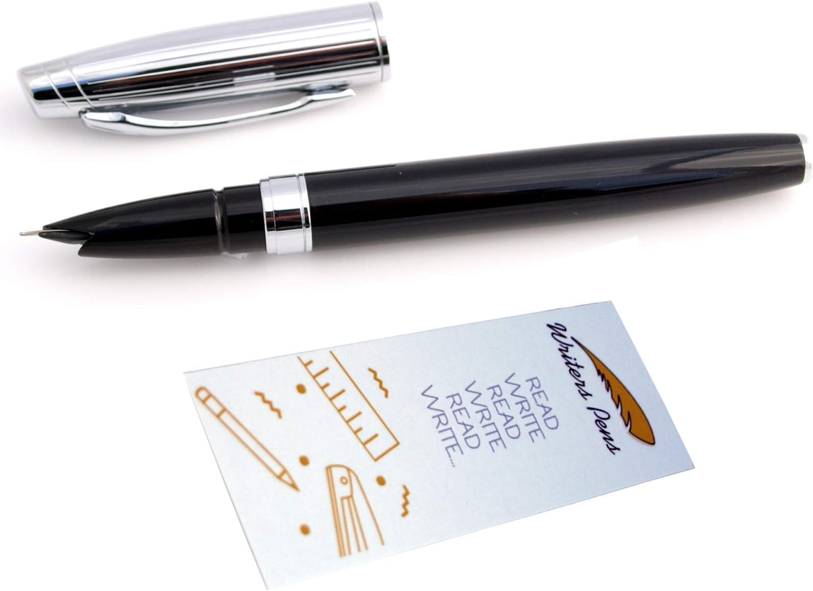 Baoer 100 Black Fountain Pen with Bookmark - Fine Hooded Nib, Black Barrel with Silver Color Cap, 5.75" x 2" Bookmark - Gift Set for Men & Women, Adults & Kids