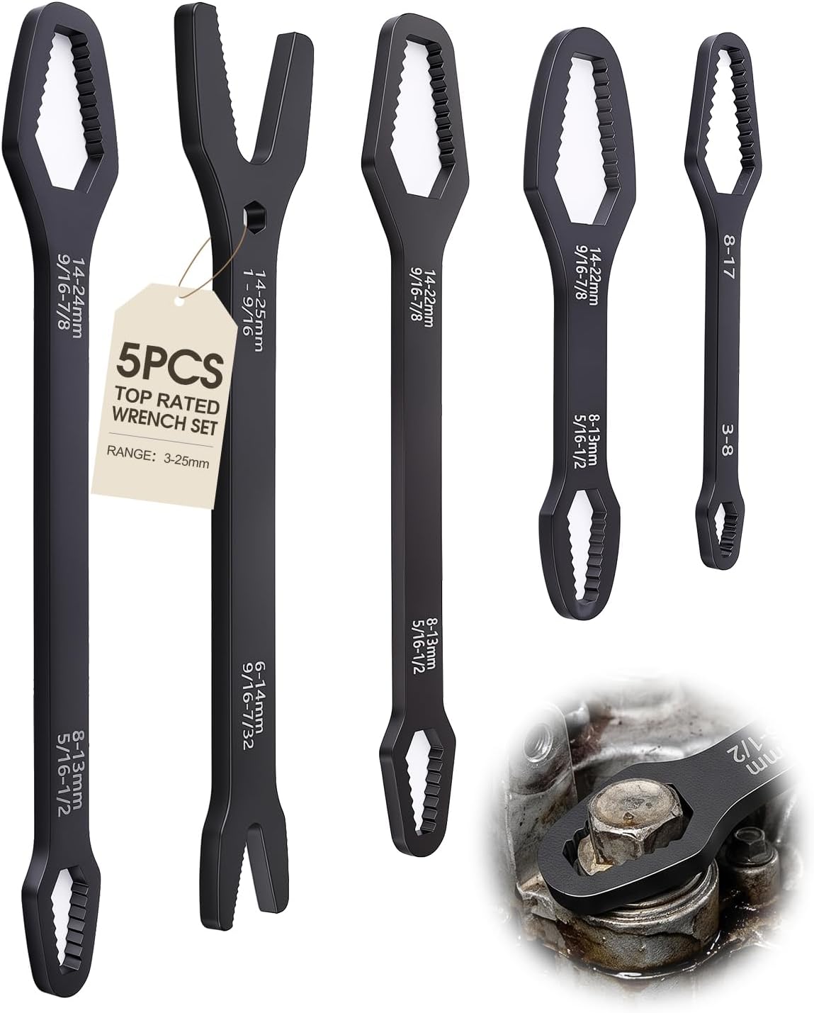 5PCS Universal Self Adjusting Wrench, Double Ended Car Torx Wrench Set with Self Locking for 1/8 to 1 Inch Nuts, Multifunctional Spanner Hand Tools for Auto Repair Home Outdoor Riding