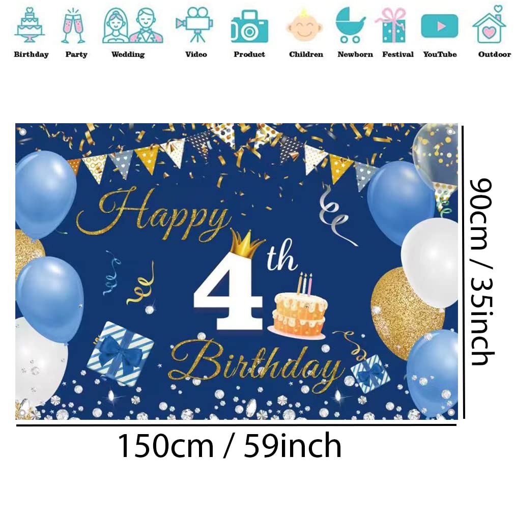 Happy 4th Birthday tło impreza dekoracja baner dla chłopca / dziewczynki szczęśliwy 4 lata stary tkanina znak plakat, niebieskie tło fotograficzne artykuły na czwarte urodziny, 150 cm x 90 cm