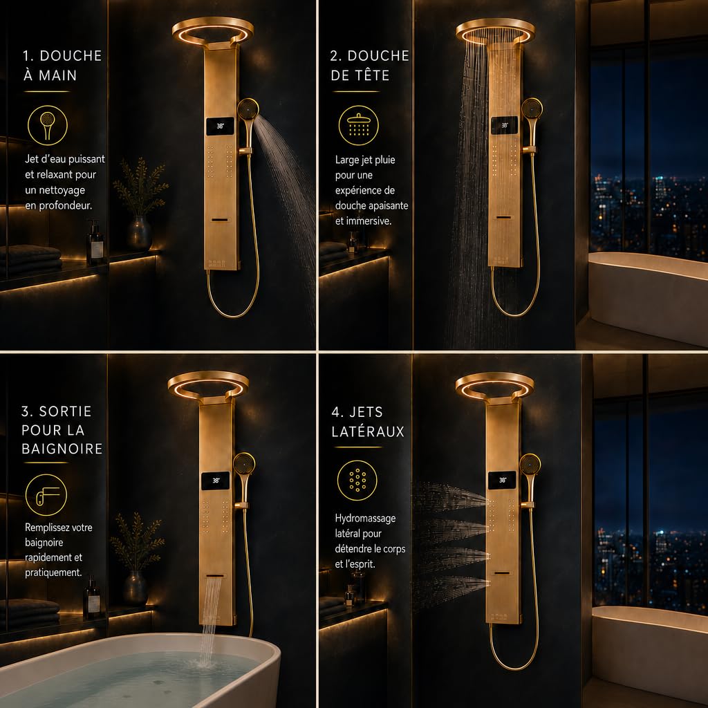 INEX EUROPA Colonne de douche thermostatique de luxe, couleur or - Hydromassage - Garantie 10 ans - 4 modes de fonctionnement - Hauteur : 105 cm - Collection Daytona