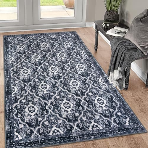 KILOCOCO 3x5 Moroccan Super Soft Area Rug Washable Living Room, Vintage Floral Rug Indoor Non-Slip, Print Faux Wool Accent Indoor Entryway Rug for Laundry Playroom Office, Black/Navy Blue White